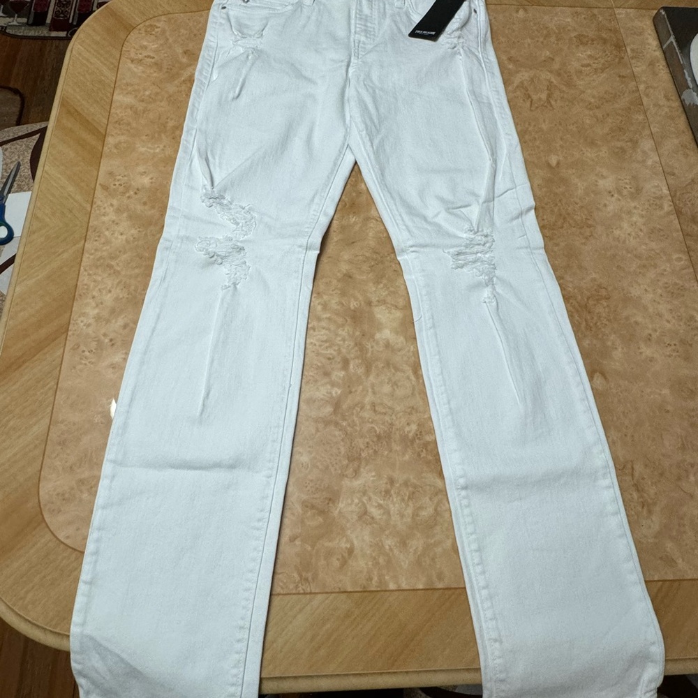 True Religion Men's Geno Renegade Distressed Ripped Relaxed Slim Fit White Jeans
